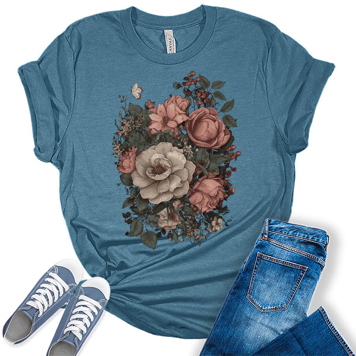 Womens Floral Shirts Wildflower Vintage Graphic Tees Butterfly Short Sleeve T Shirts Bella Summer Tops