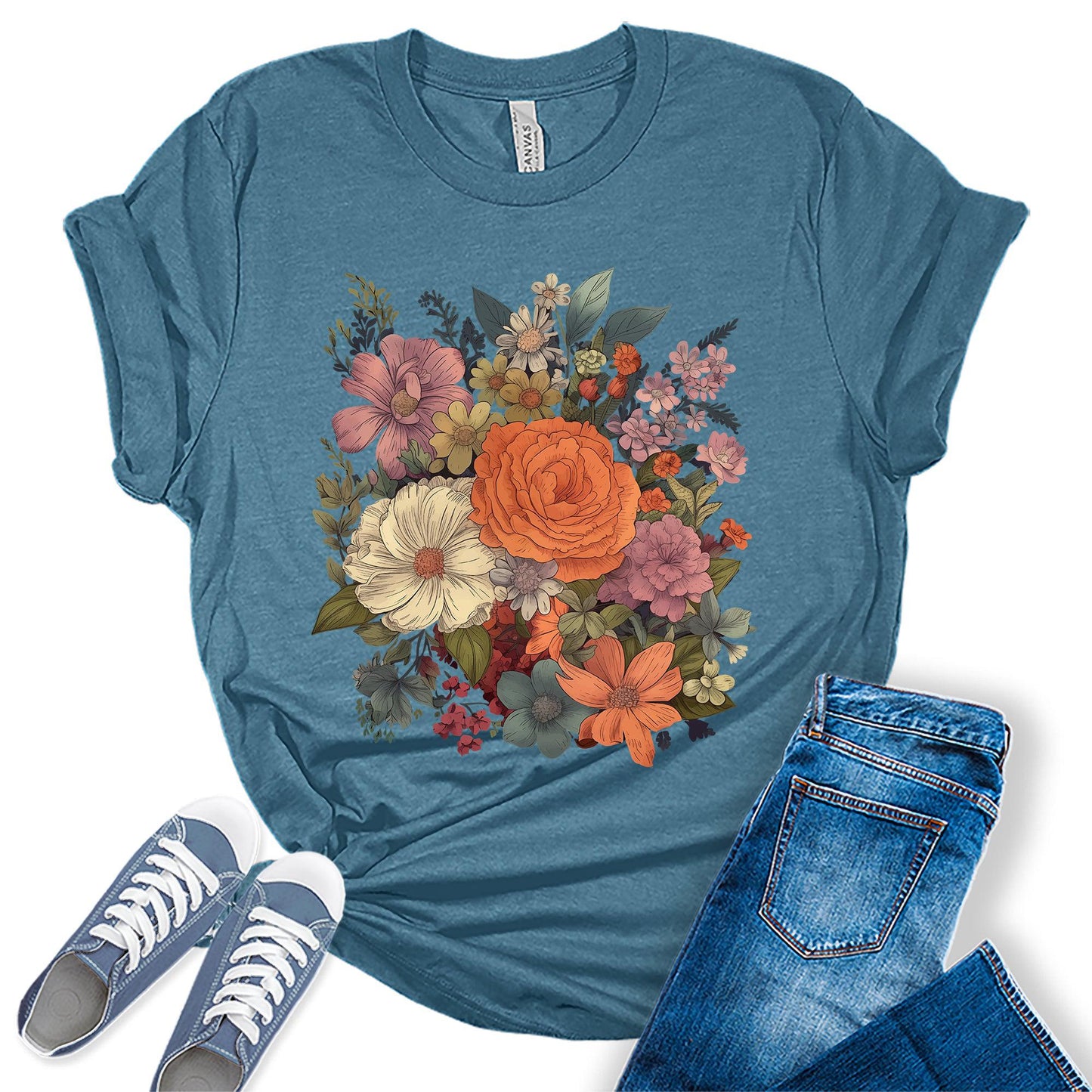 Women's Vintage Floral Fall T Shirt Boho Wildflower Cottagecore Graphic Tees Short Sleeve Casual Tops