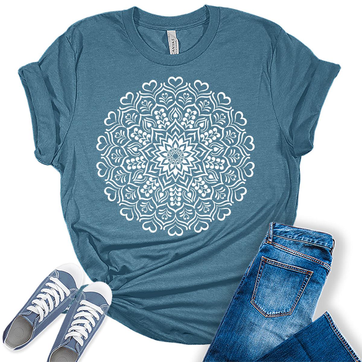 Heart Mandala Shirt Casual Vintage Graphic Tees for Women Short Sleeve Plus Size Summer Tops