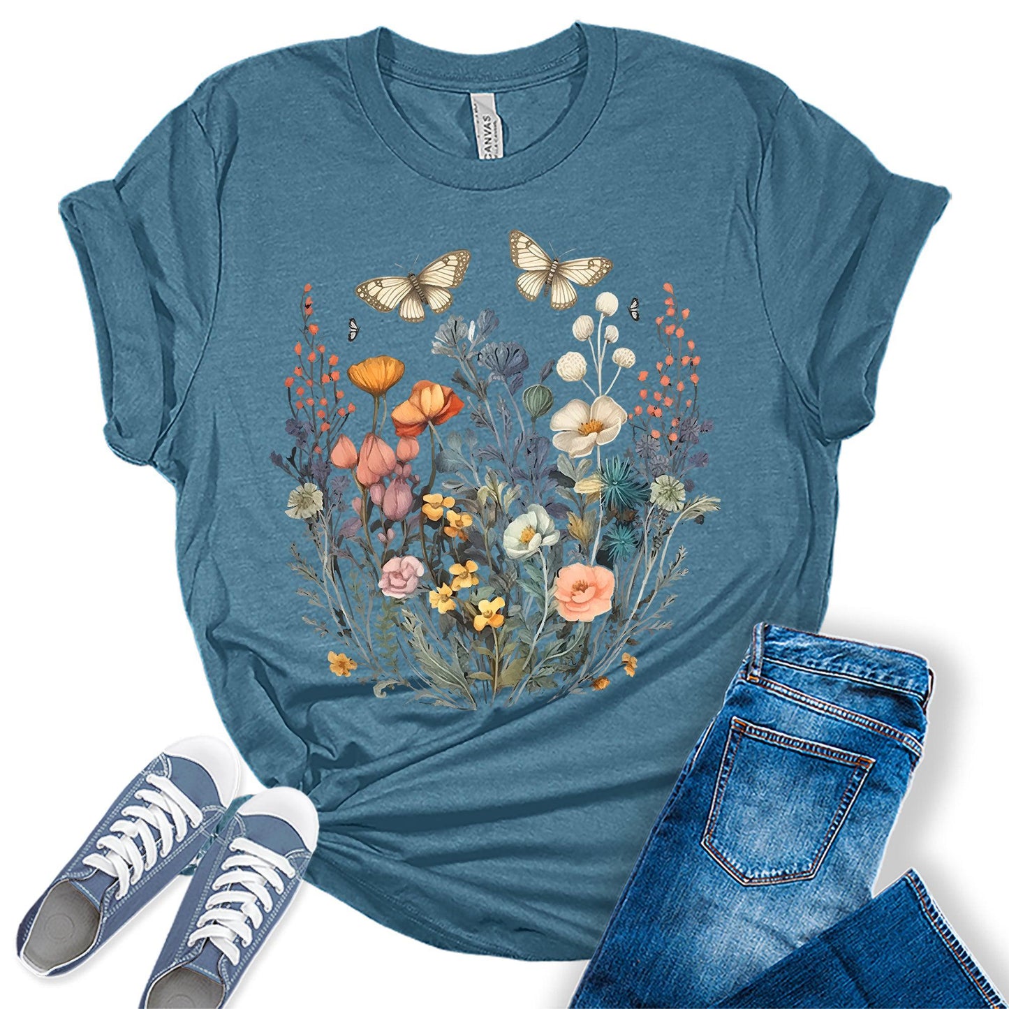 Women's Vintage Floral T Shirt Boho Wildflower Butterfly Cottagecore Graphic Tees Short Sleeve Casual Tops