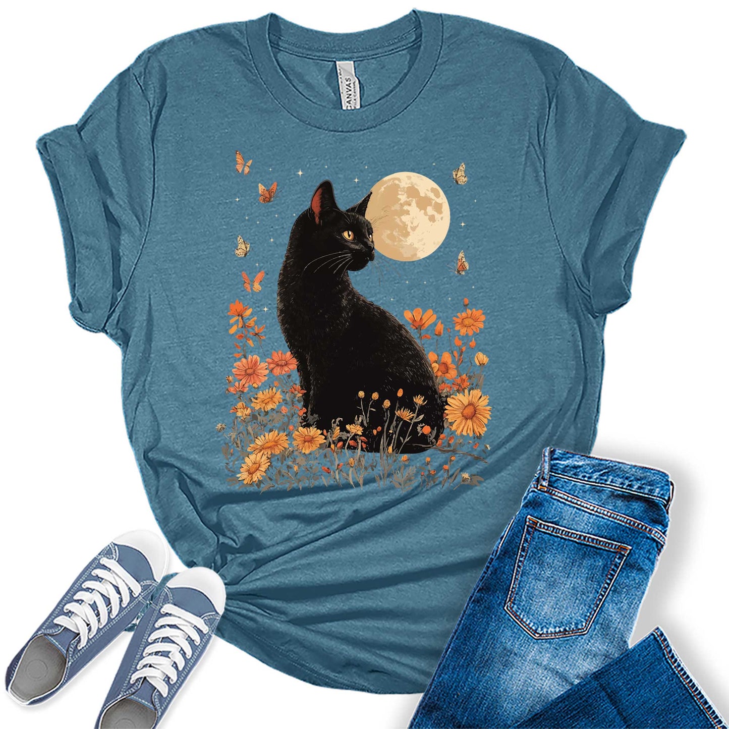 Cottagecore Shirt Vintage Black Cat Tshirts Floral Moon Fall Graphic Tees for Women
