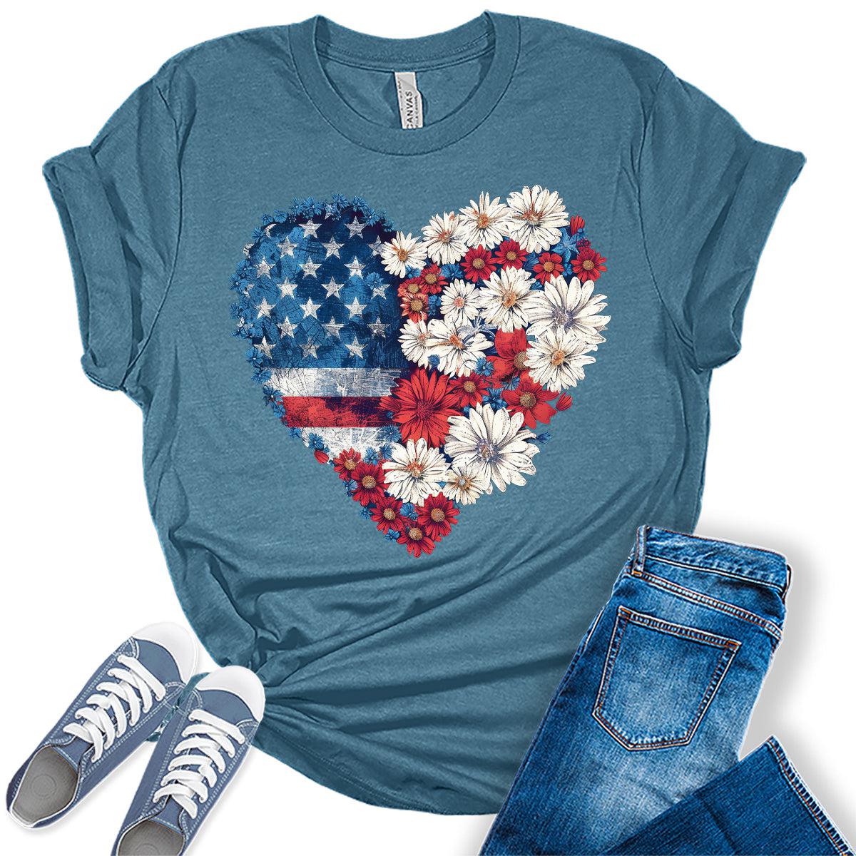 Floral Hearth USA Flag 4th Of July Patriotic Graphic Tees for Women