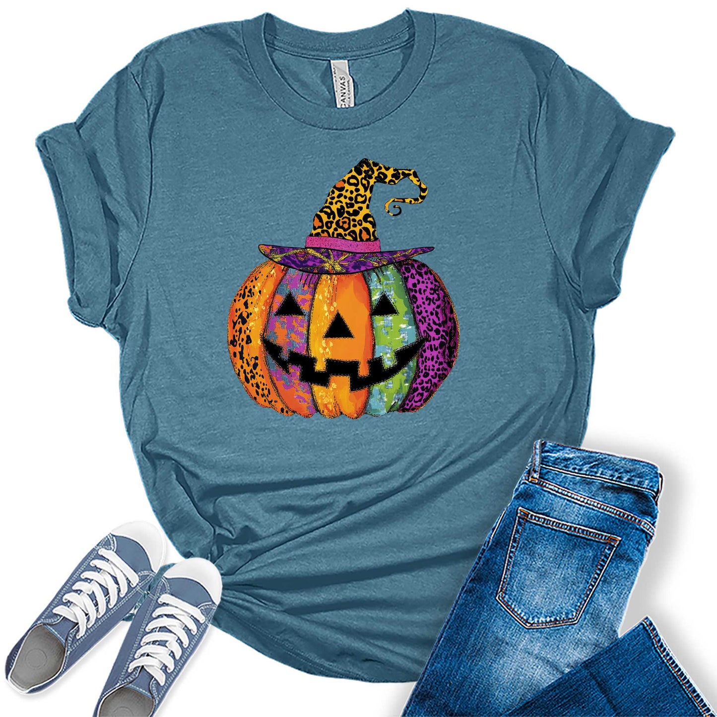 Women's Halloween Jack-O-Lantern Leopard Print Witch Hat Pumpkin Graphic Tees