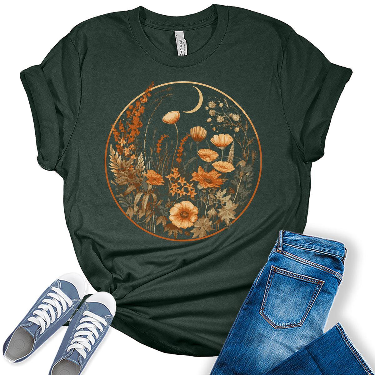 Floral Shirts Womens Graphic Tees Vintage Wildflower Moon Spring Cottagecore T Shirts Bella Summer Tops