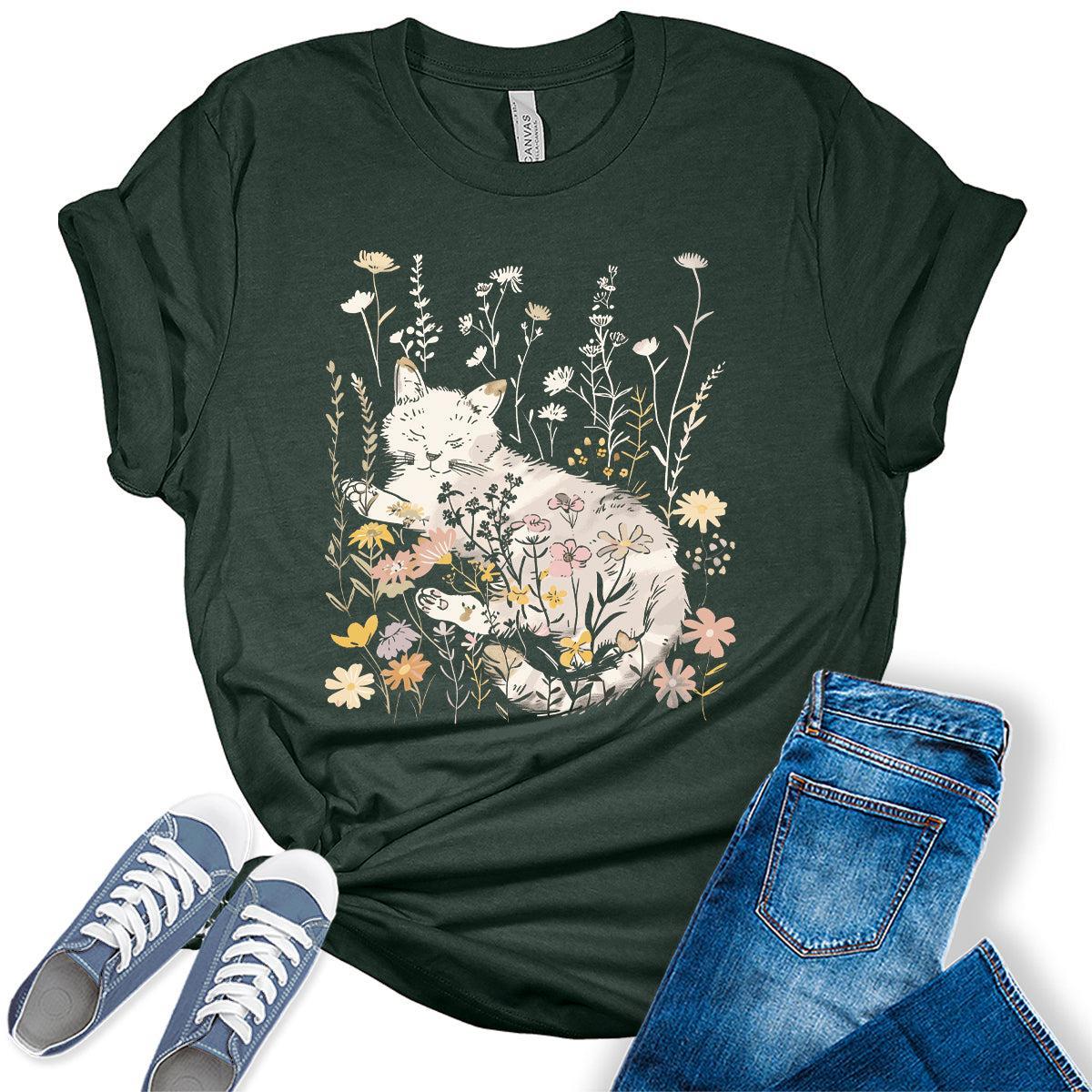 Women's Cat Shirt Wildflower Vintage Casual Graphic Tees Bella Plus Sized Tops