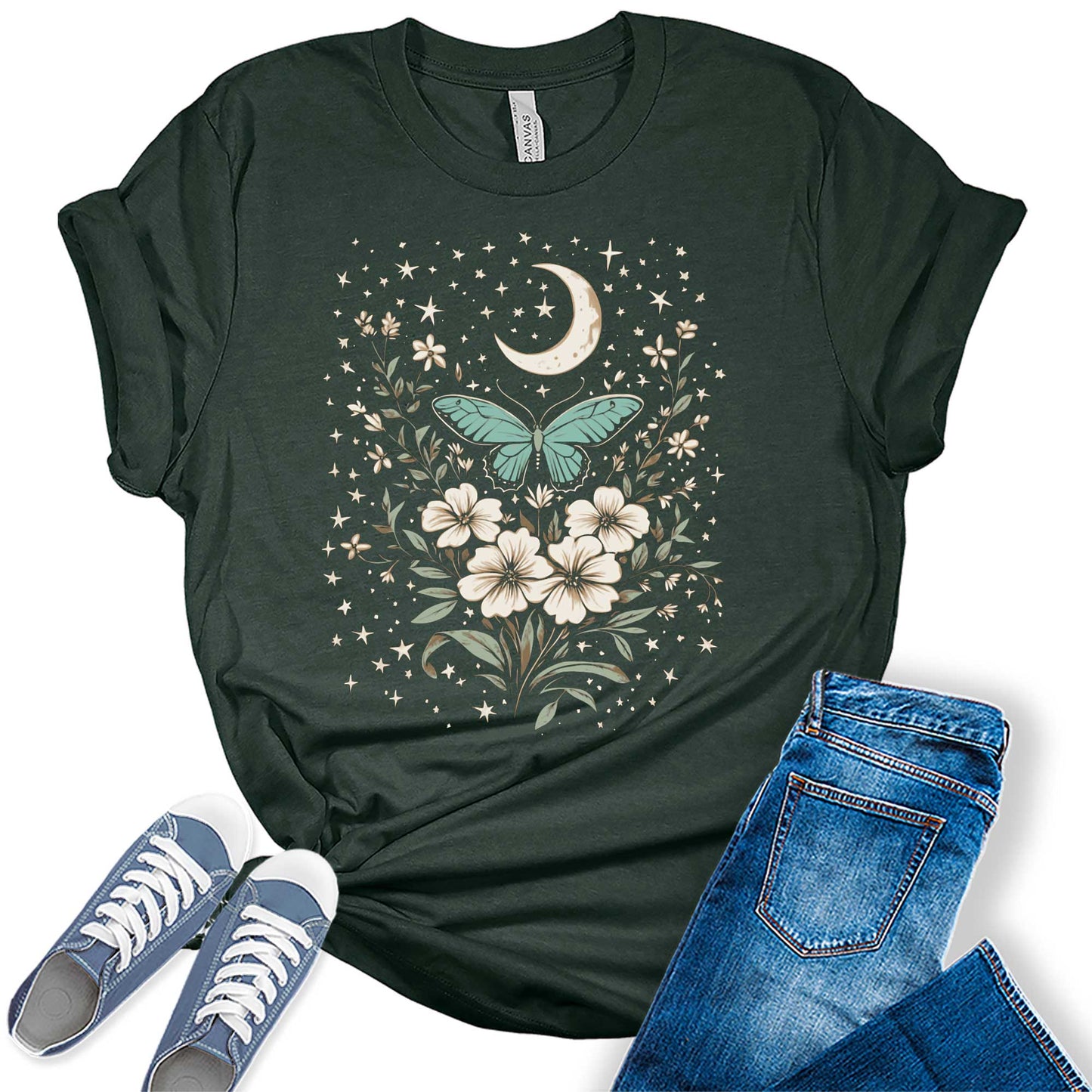 Womens Floral Shirts Flower Vintage Moth Moon Stars Graphic Tees Spring Cottagecore T Shirts Bella Summer Tops
