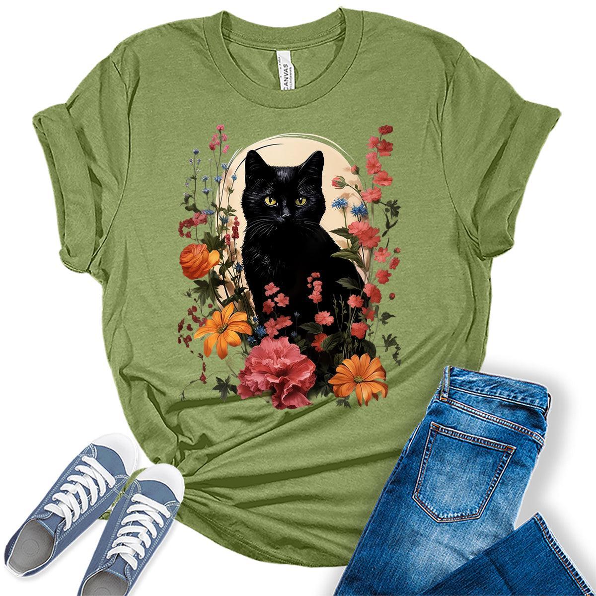 Womens Cat Shirts Wildflower Vintage Spring Graphic Tees Spring Cottagecore T Shirts Bella Summer Tops