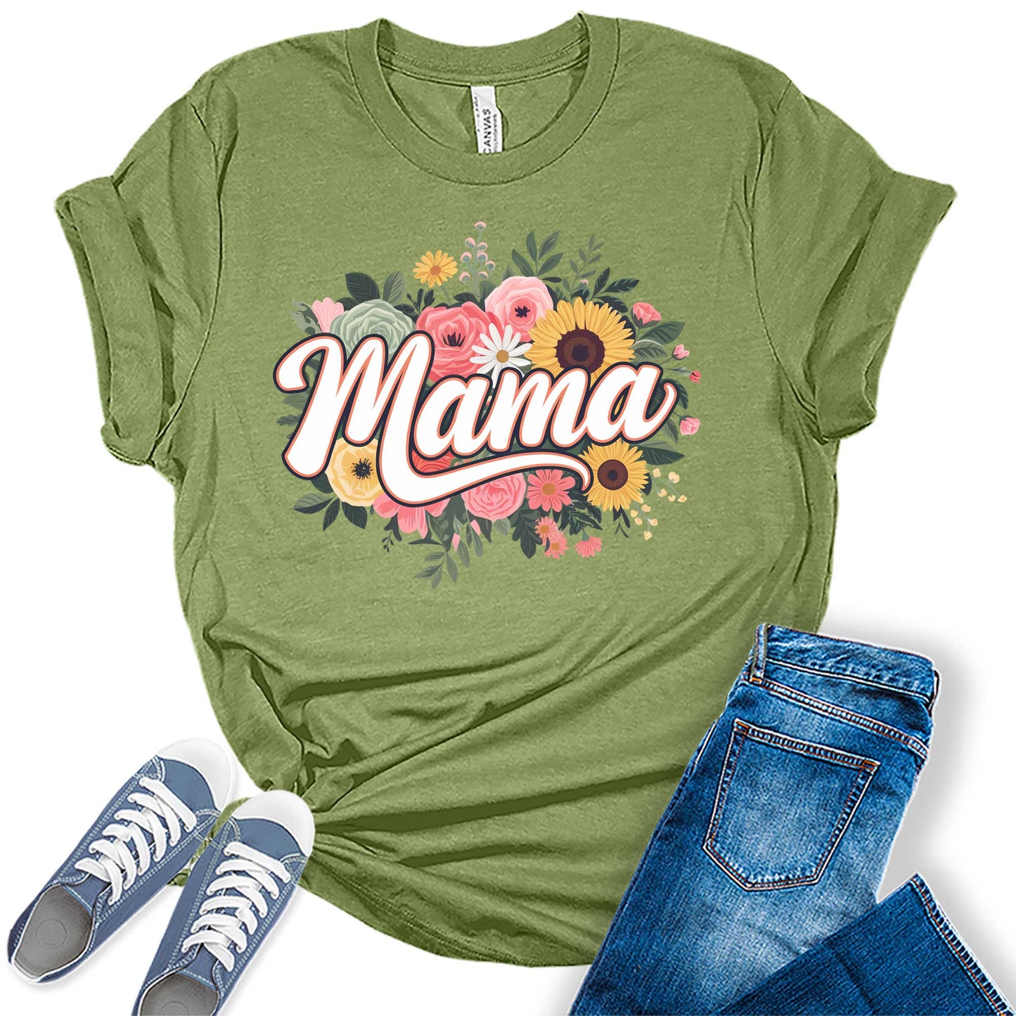 Women's Retro Mama Floral Casual Graphic Tees Bella Plus Sized Tops