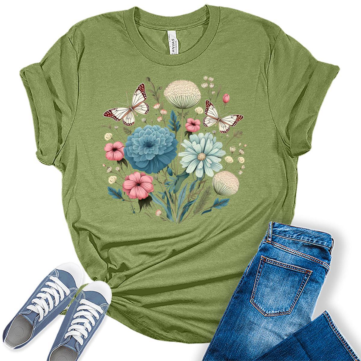Women's Flower Vintage Summer Butterfly Shirts Cottagecore Cute Trendy Casual Graphic Tees Bella Plus Sized Tops
