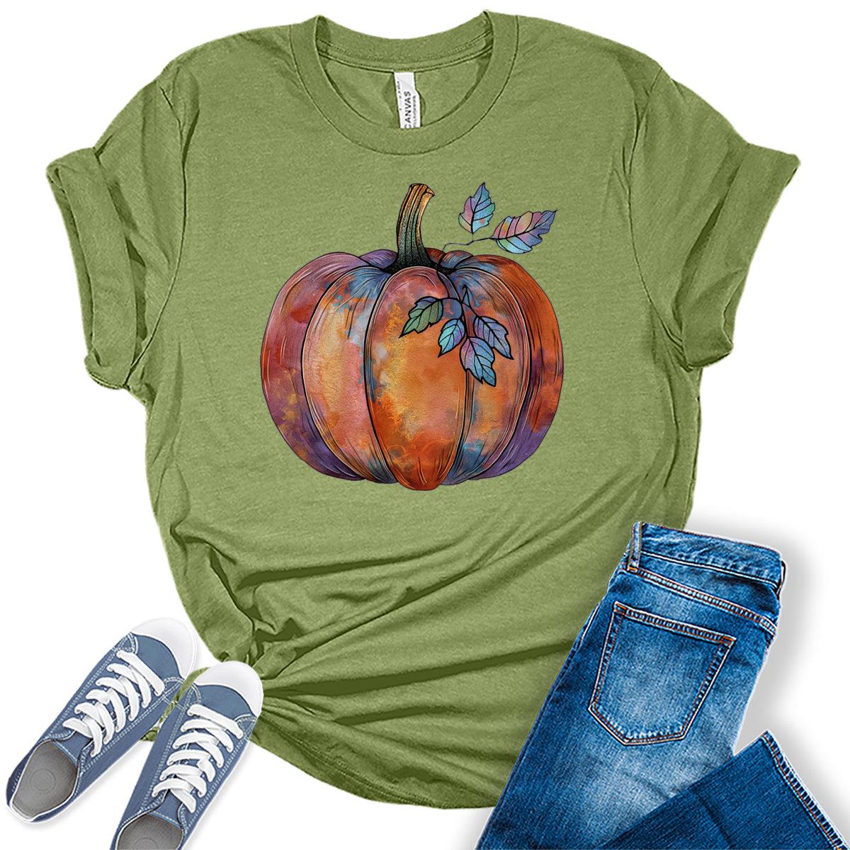 Halloween Pumpkin Shirt Women's Graphic Tees Funny Cute Short Sleeve Fall Shirt Thanksgiving Gift Tops