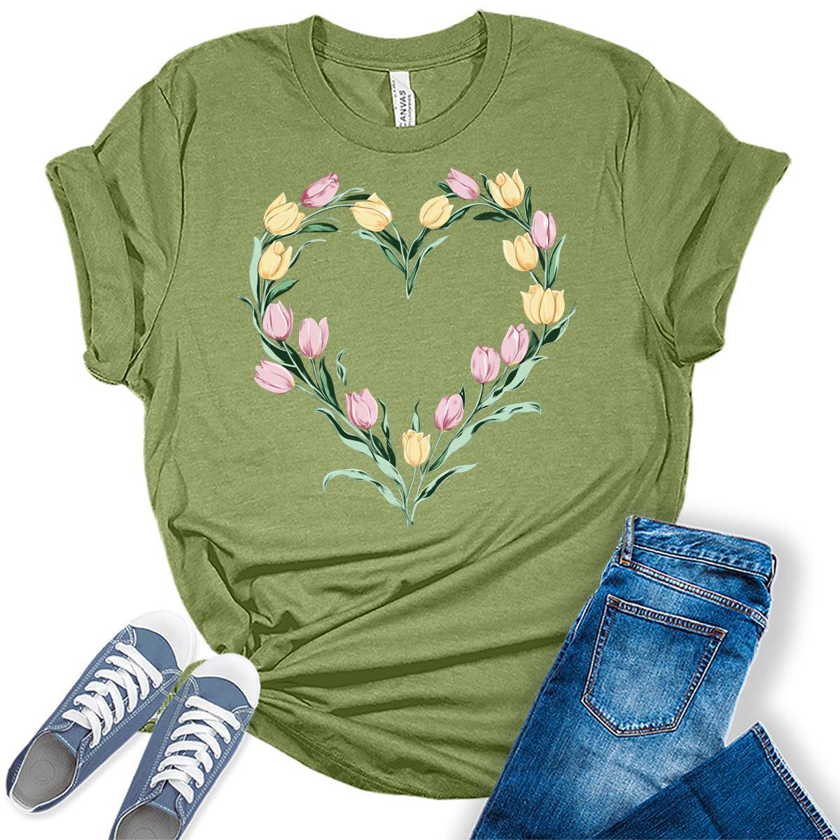Womens Floral Heart Shirts Vintage Tulip Graphic Tees Spring Cottagecore T Shirts Bella Summer Tops