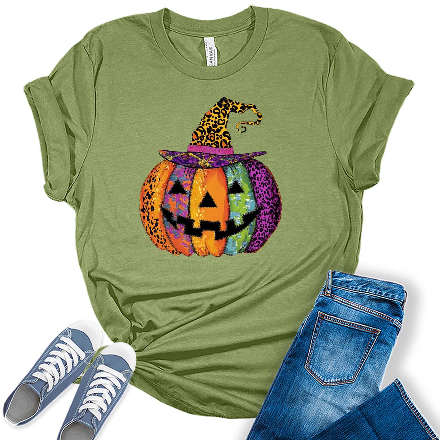 Women's Halloween Jack-O-Lantern Leopard Print Witch Hat Pumpkin Graphic Tees