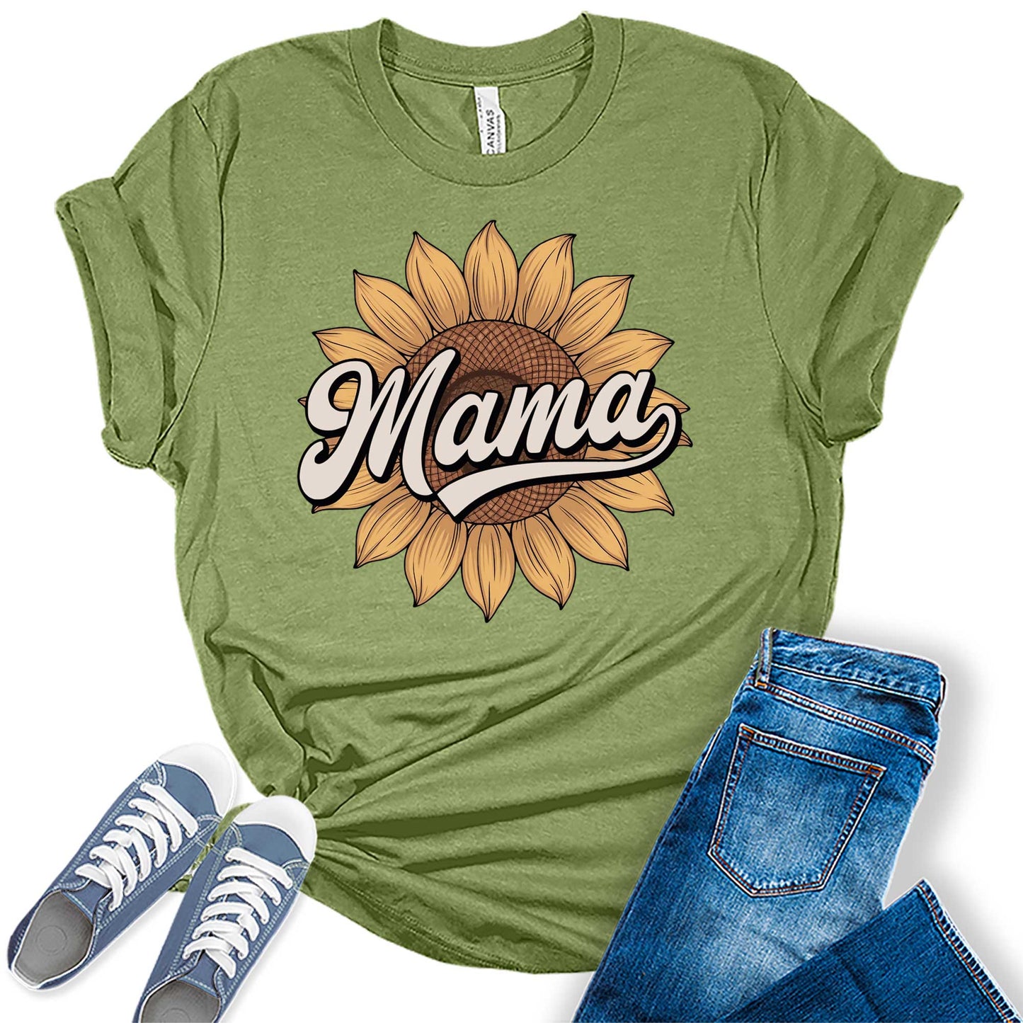 Women's Retro Mama Sunflower Floral Summer Vintage Casual Graphic Tees Bella Plus Sized Tops