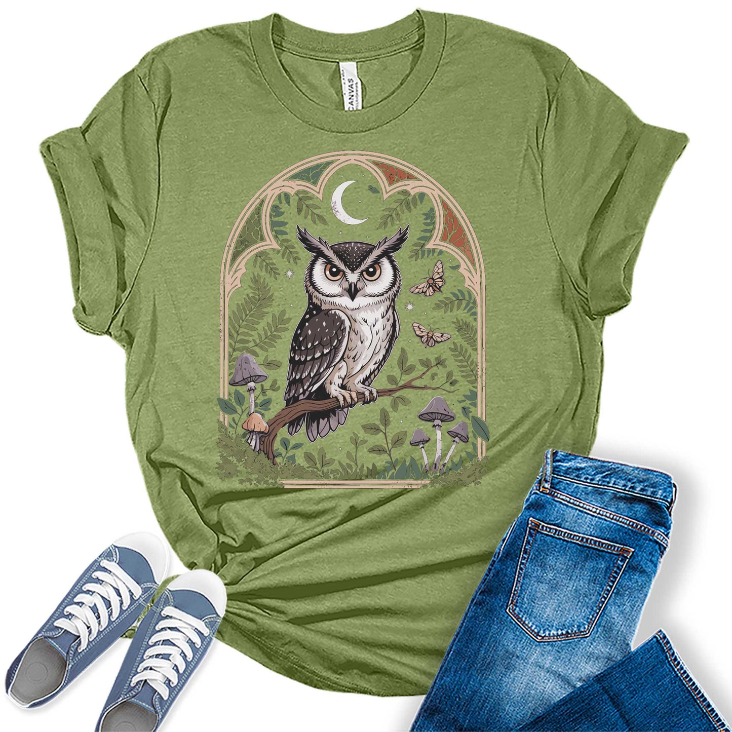 Womens Owl Mushroom Moon Graphic Tees Spring Moth Cottagecore T Shirts Bella Summer Tops