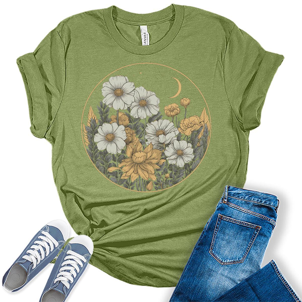 Floral Shirts Womens Graphic Tees Wildflower Vintage Moon Spring Cottagecore T Shirts Bella Summer Tops