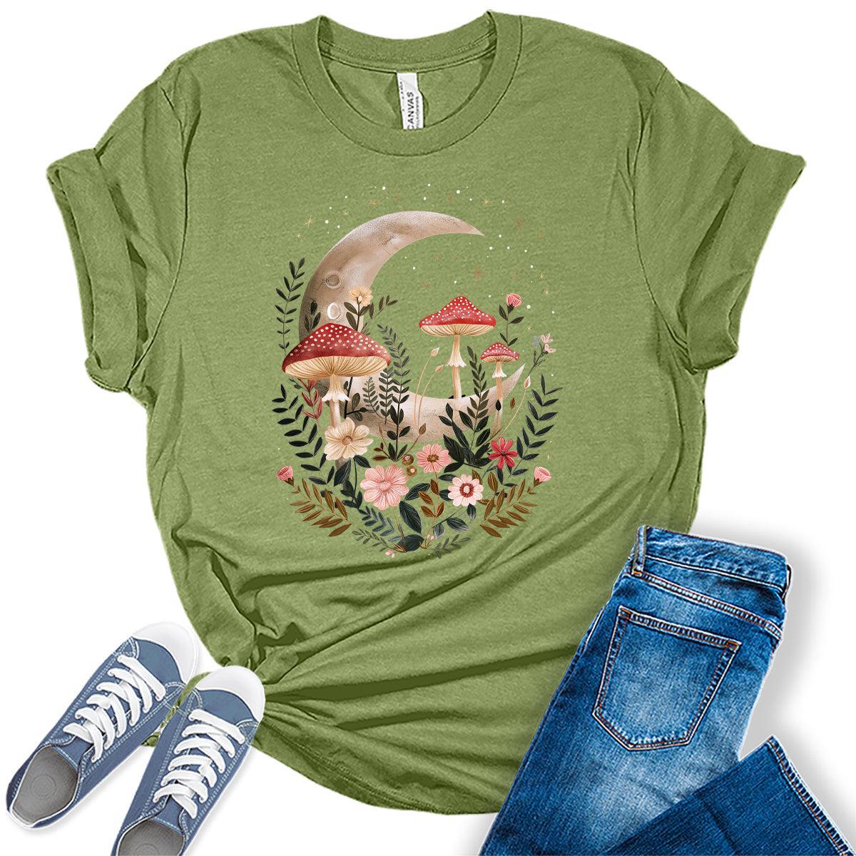 Womens Mushroom Shirts Wildflower Vintage Moon Graphic Tees Spring Cottagecore T Shirts Bella Summer Tops