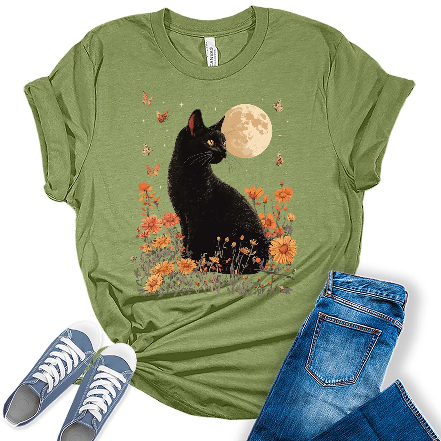 Cottagecore Shirt Vintage Black Cat Tshirts Floral Moon Fall Graphic Tees for Women
