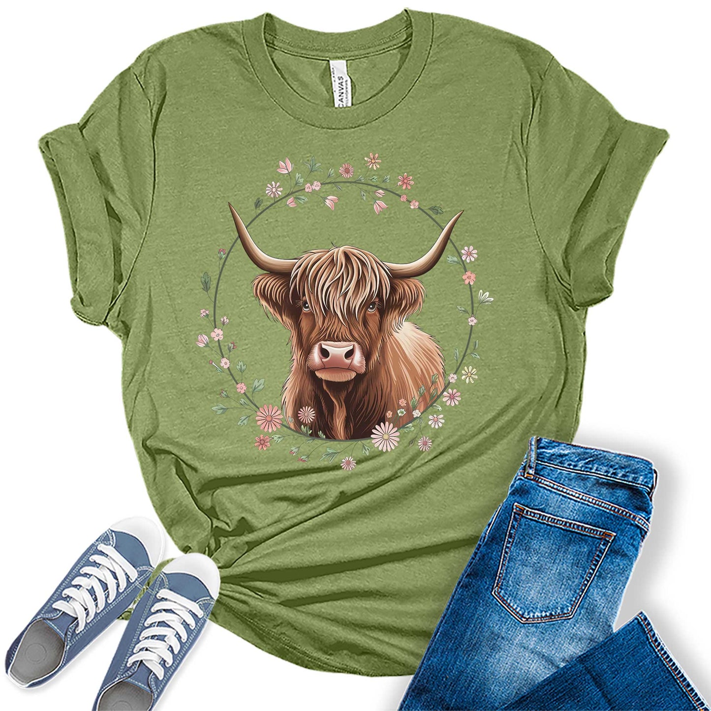 Floral Highland Cow Shirt Cute Cowgirl Tshirt Plus Size Graphic Tees for Women Short Sleeve Summer Tops