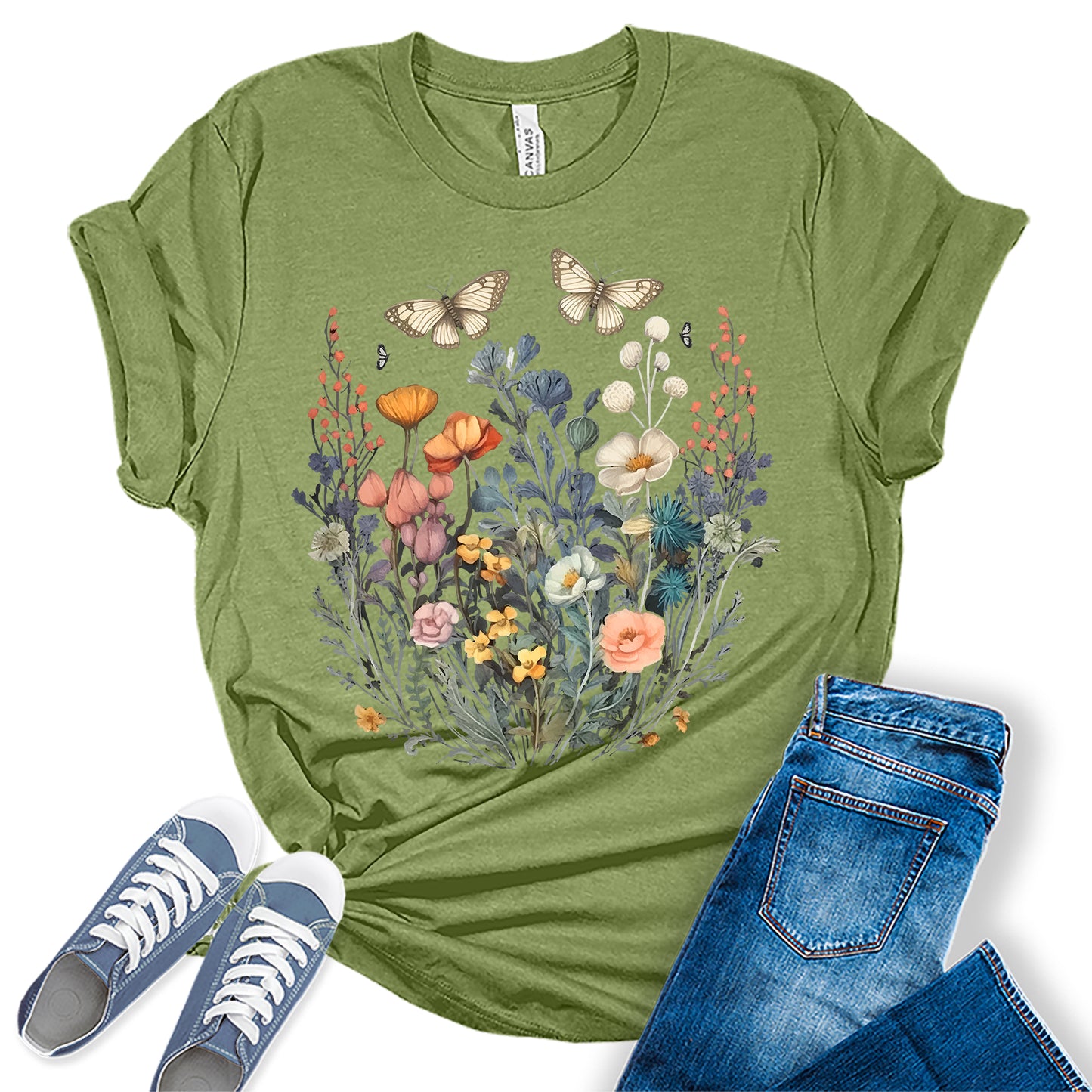 Women's Vintage Floral T Shirt Boho Wildflower Butterfly Cottagecore Graphic Tees Short Sleeve Casual Tops