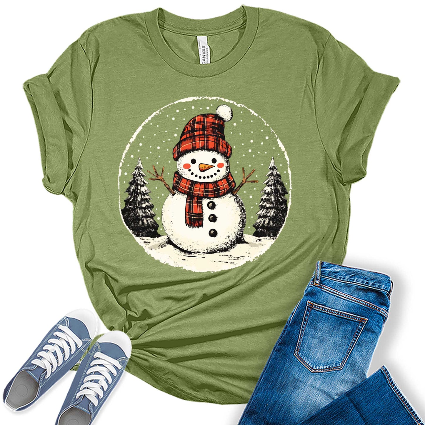Women's Vintage Snowman Buffalo Plaid Graphic Tees