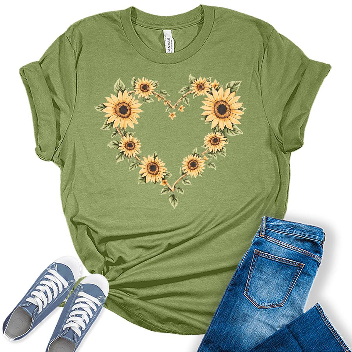 Womens Sunflower Shirts Floral Vintage Heart Graphic Tees Spring Cottagecore T Shirts Bella Summer Tops