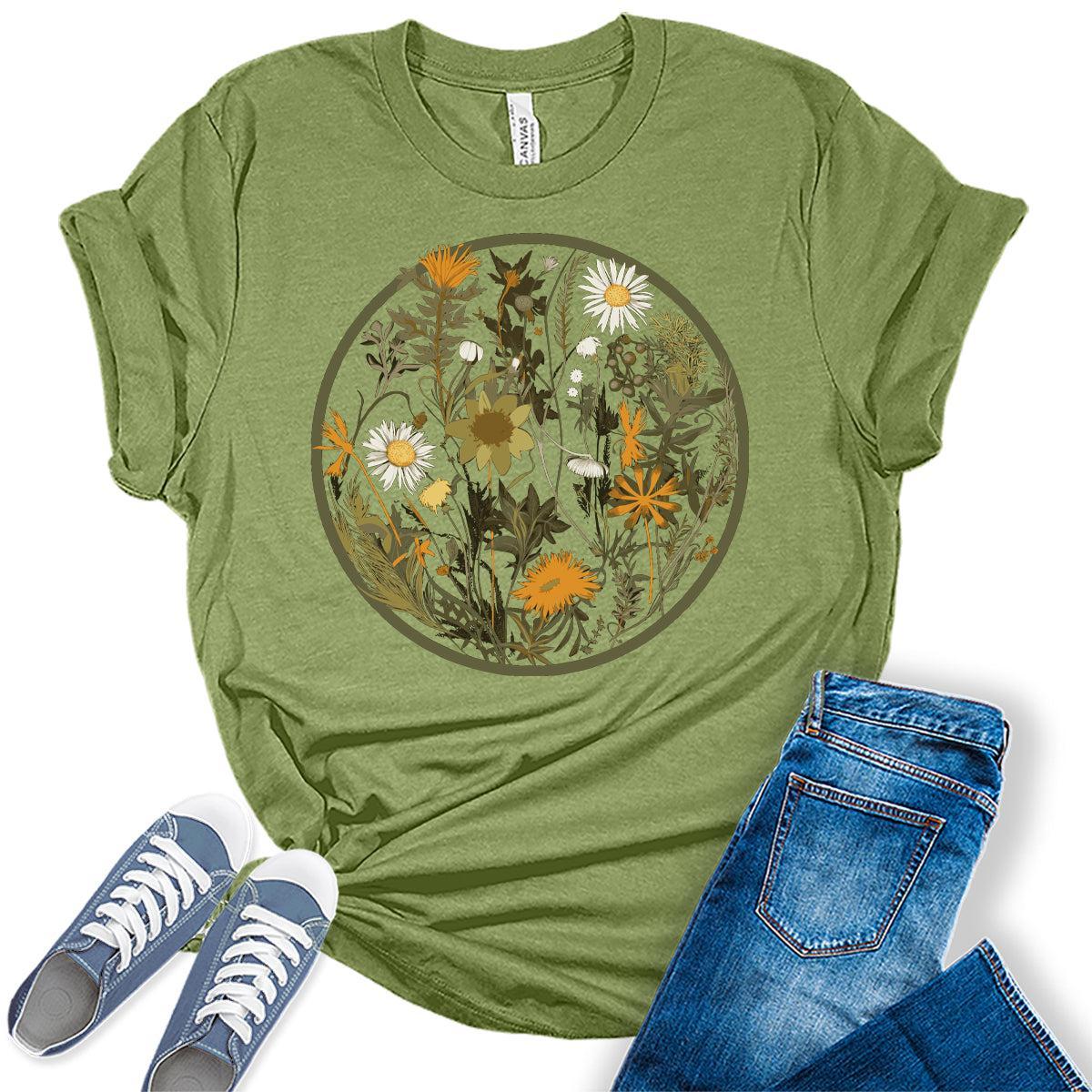 Women's Floral Shirts Wildflower Vintage Flower Graphic Tees Spring Cottagecore T Shirts Bella Summer Tops