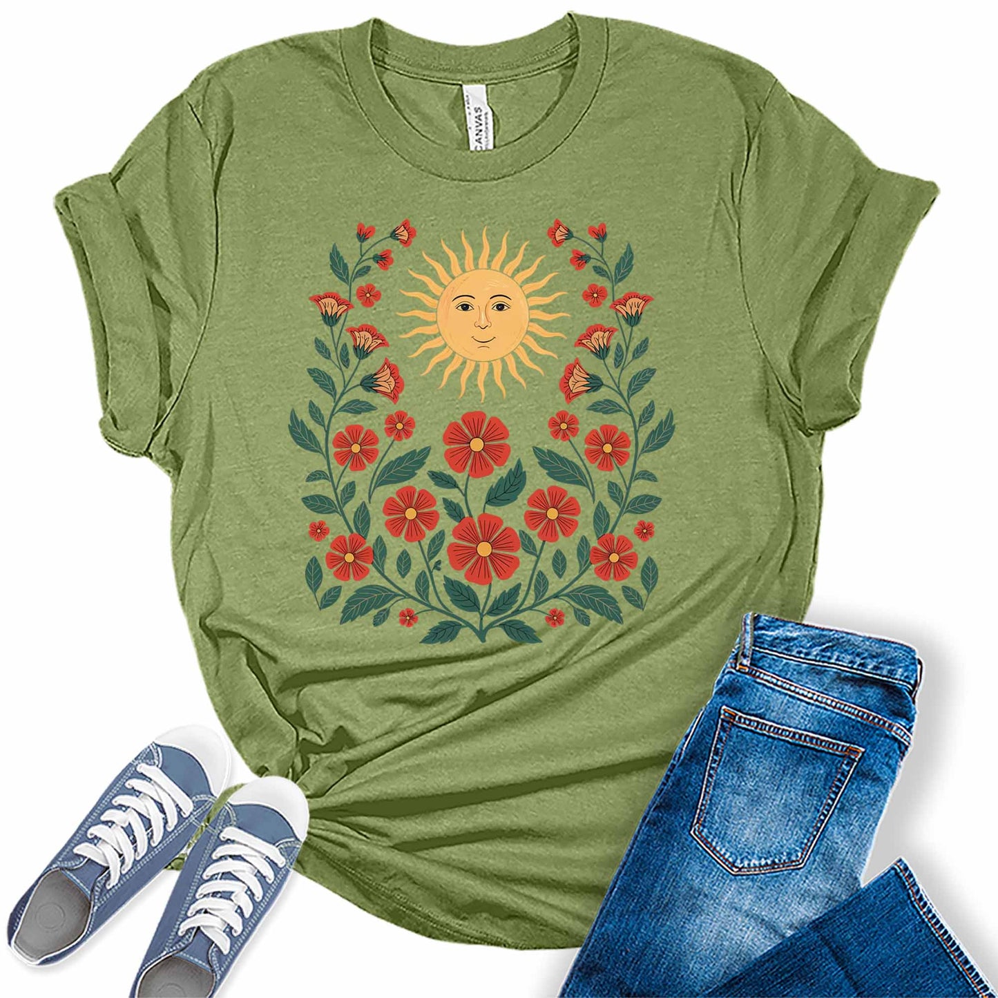 Womens Boho Flowers Wildflowers Sunshine Tee Cute Summer Graphic Shirts Short Sleeve T Shirt