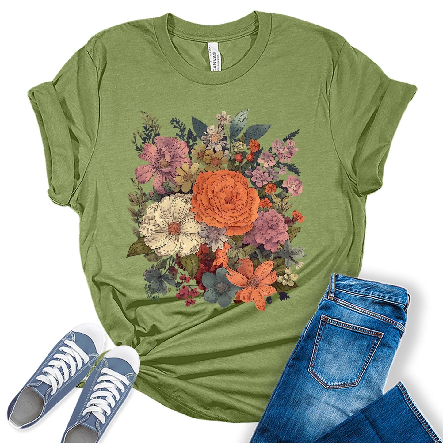 Women's Vintage Floral Fall T Shirt Boho Wildflower Cottagecore Graphic Tees Short Sleeve Casual Tops