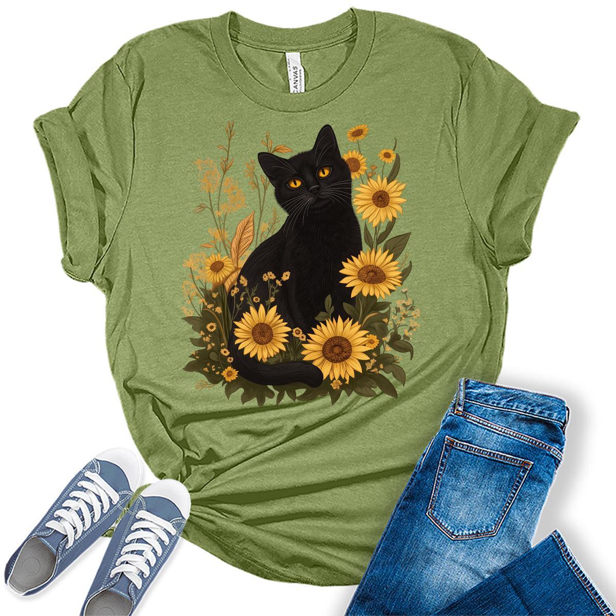 Womens Cat Shirts Sunflower Vintage Graphic Tees Spring Cottagecore T Shirts Bella Summer Tops