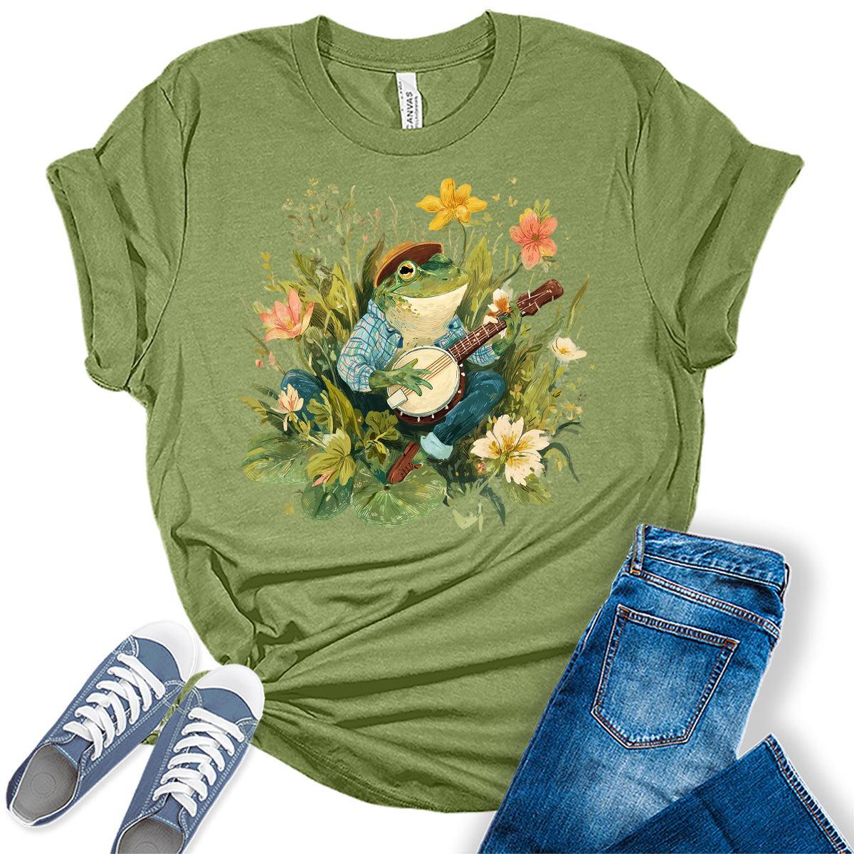 Womens Frog Shirts Wildflower Vintage Graphic Tees Spring Cottagecore T Shirts Bella Summer Tops