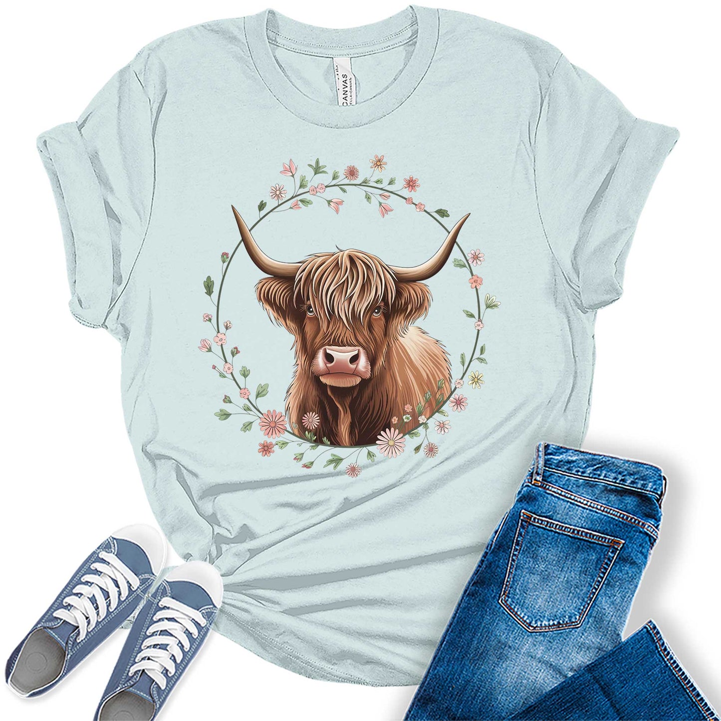 Floral Highland Cow Shirt Cute Cowgirl Tshirt Plus Size Graphic Tees for Women Short Sleeve Summer Tops
