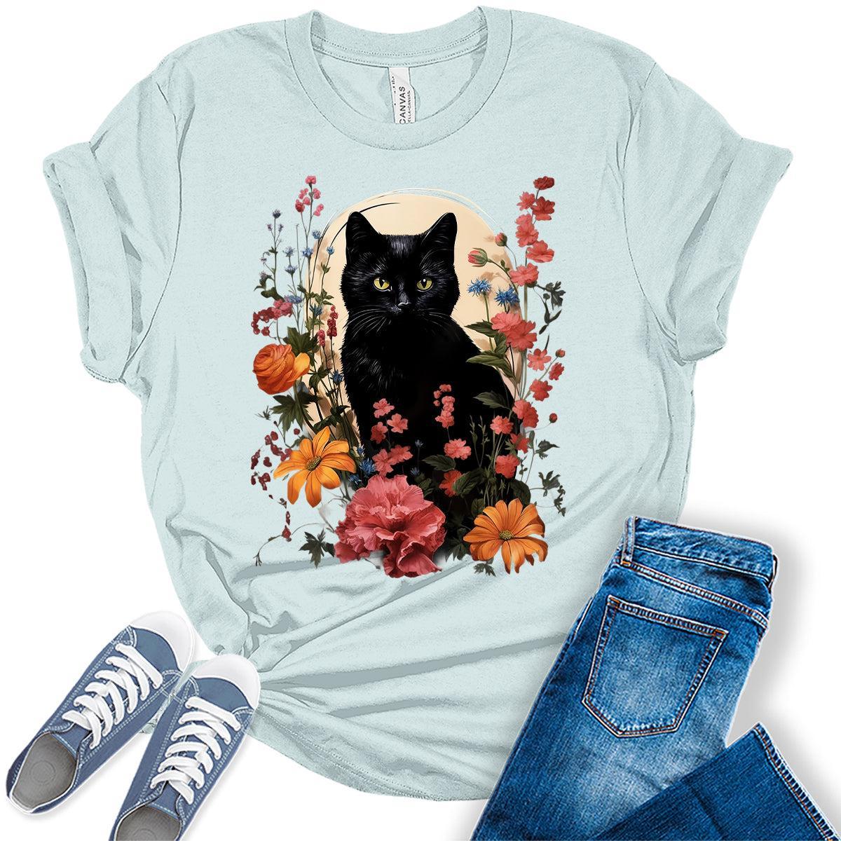 Womens Cat Shirts Wildflower Vintage Spring Graphic Tees Spring Cottagecore T Shirts Bella Summer Tops
