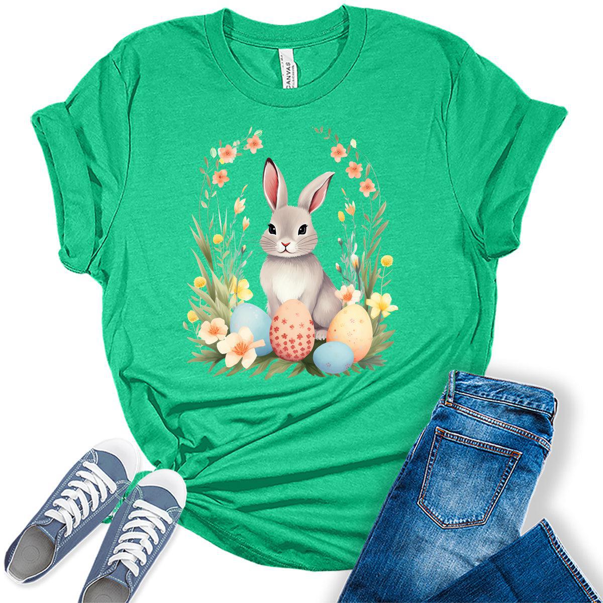 Women's Easter Shirts Bunny Eggs Cute Trendy Casual Graphic Tees Bella Plus Sized Tops