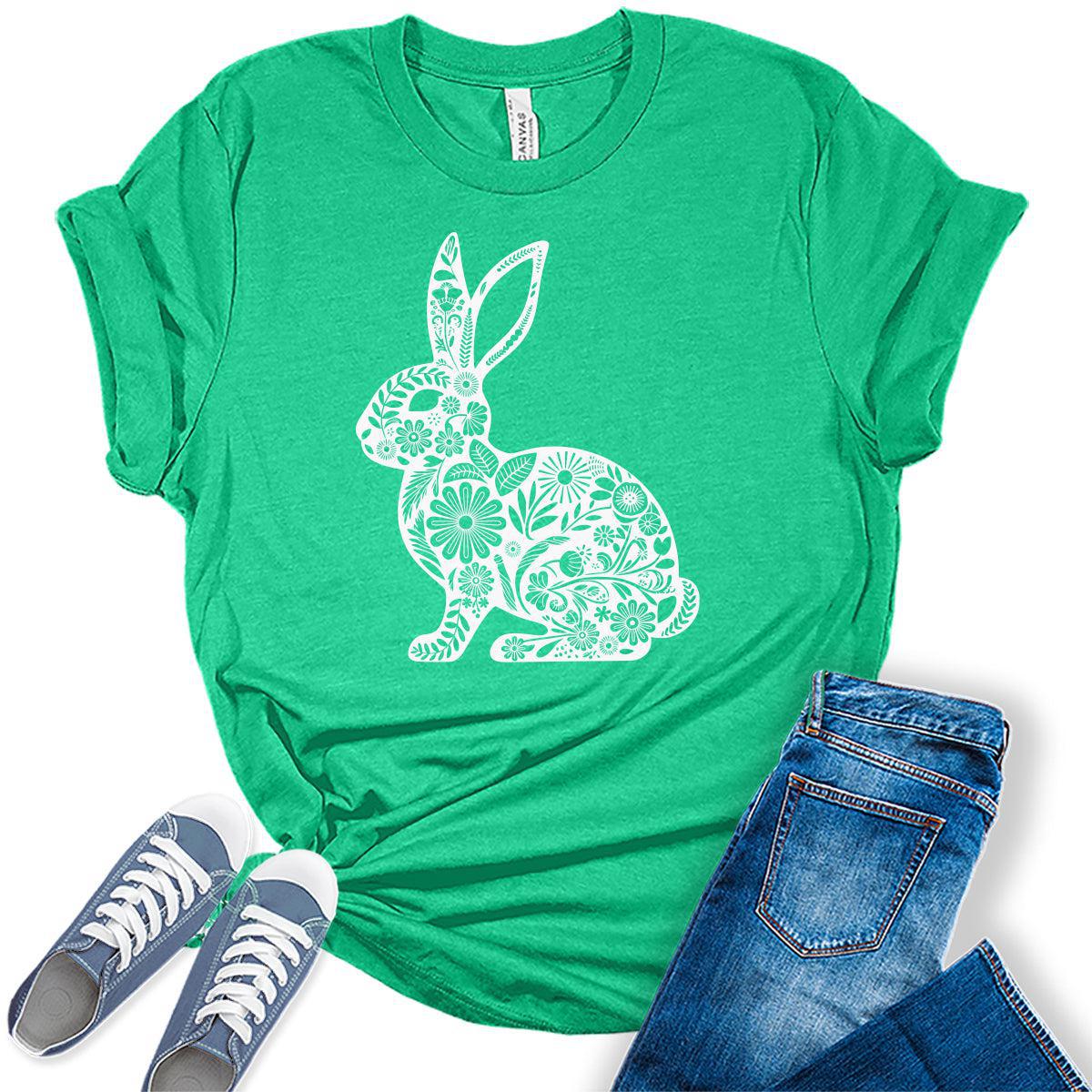 Easter Shirts for Women Cute Floral Bunny Casual Graphic Tees Bella Plus Sized Tops