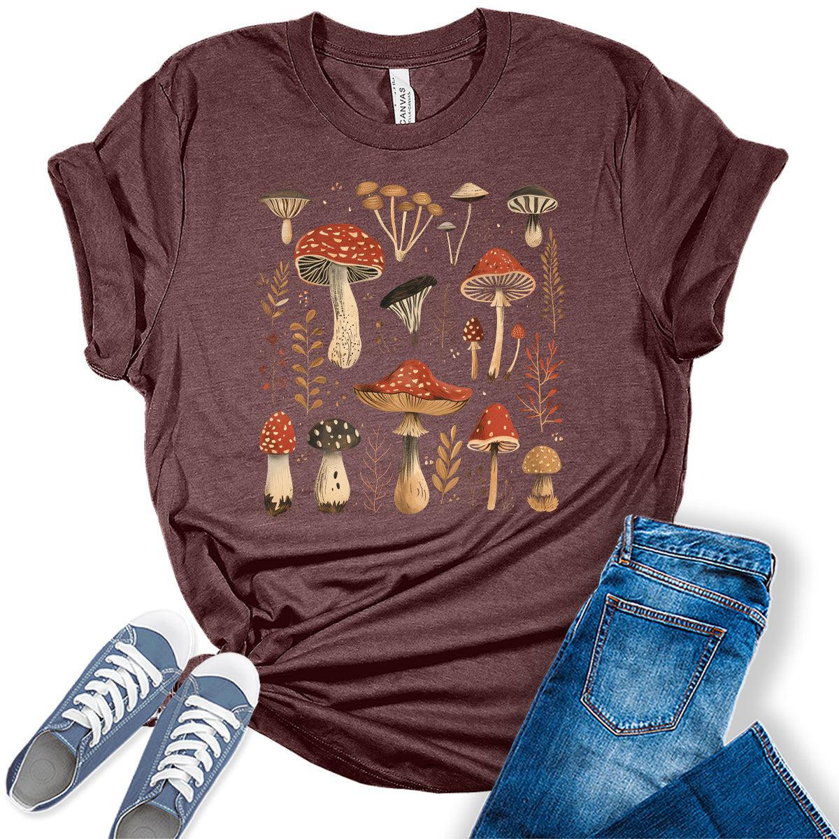 Women's Vintage Summer Mushroom Shirts Cottagecore Cute Trendy Casual Graphic Tees Bella Plus Sized Tops