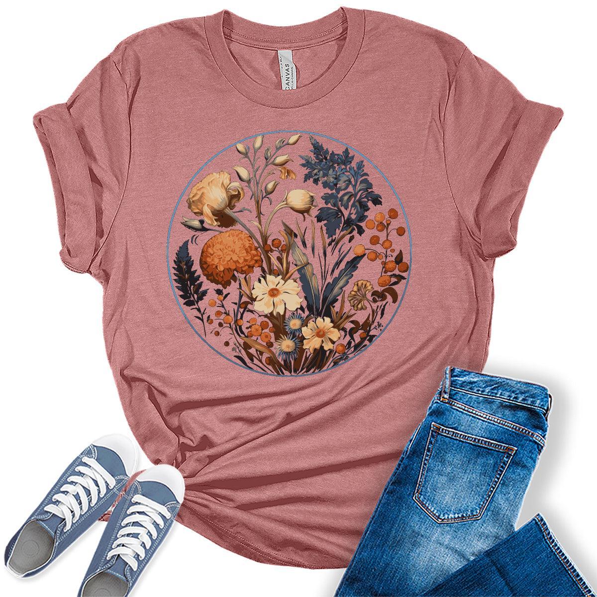 Floral Shirts Womens Graphic Tees Vintage Wildflower Spring Cottagecore Aesthetic T Shirts Bella Summer Tops
