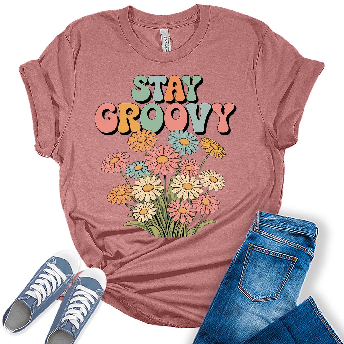 Women's Retro Stay Groovy Shirt Casual 70s Hippie Graphic Tees Bella Plus Sized Tops