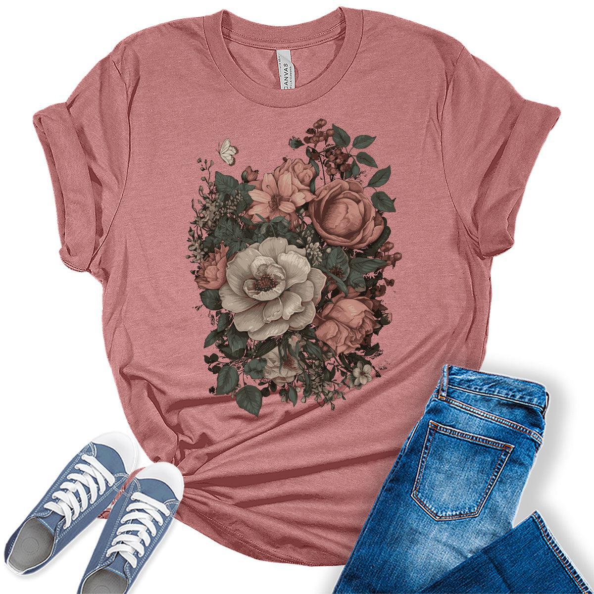 Womens Floral Shirts Wildflower Vintage Graphic Tees Butterfly Short Sleeve T Shirts Bella Summer Tops