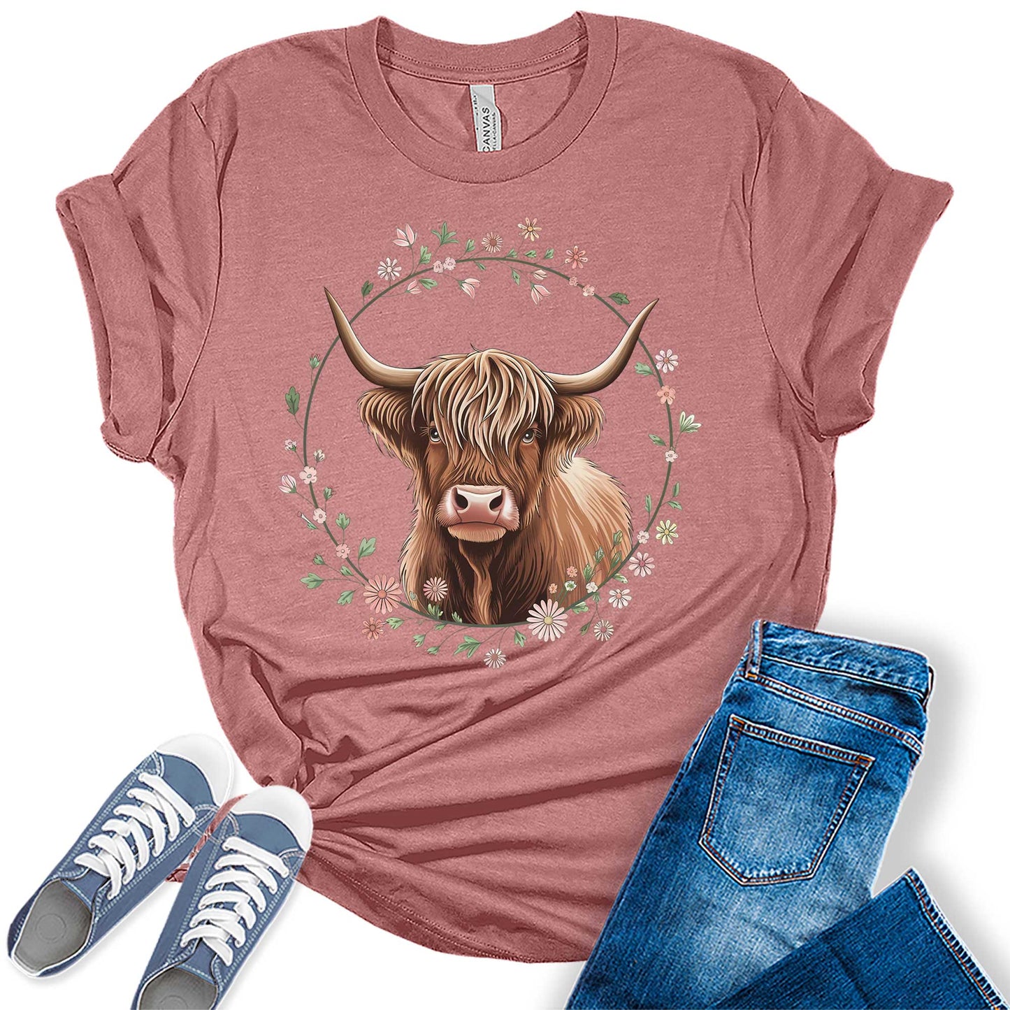Floral Highland Cow Shirt Cute Cowgirl Tshirt Plus Size Graphic Tees for Women Short Sleeve Summer Tops