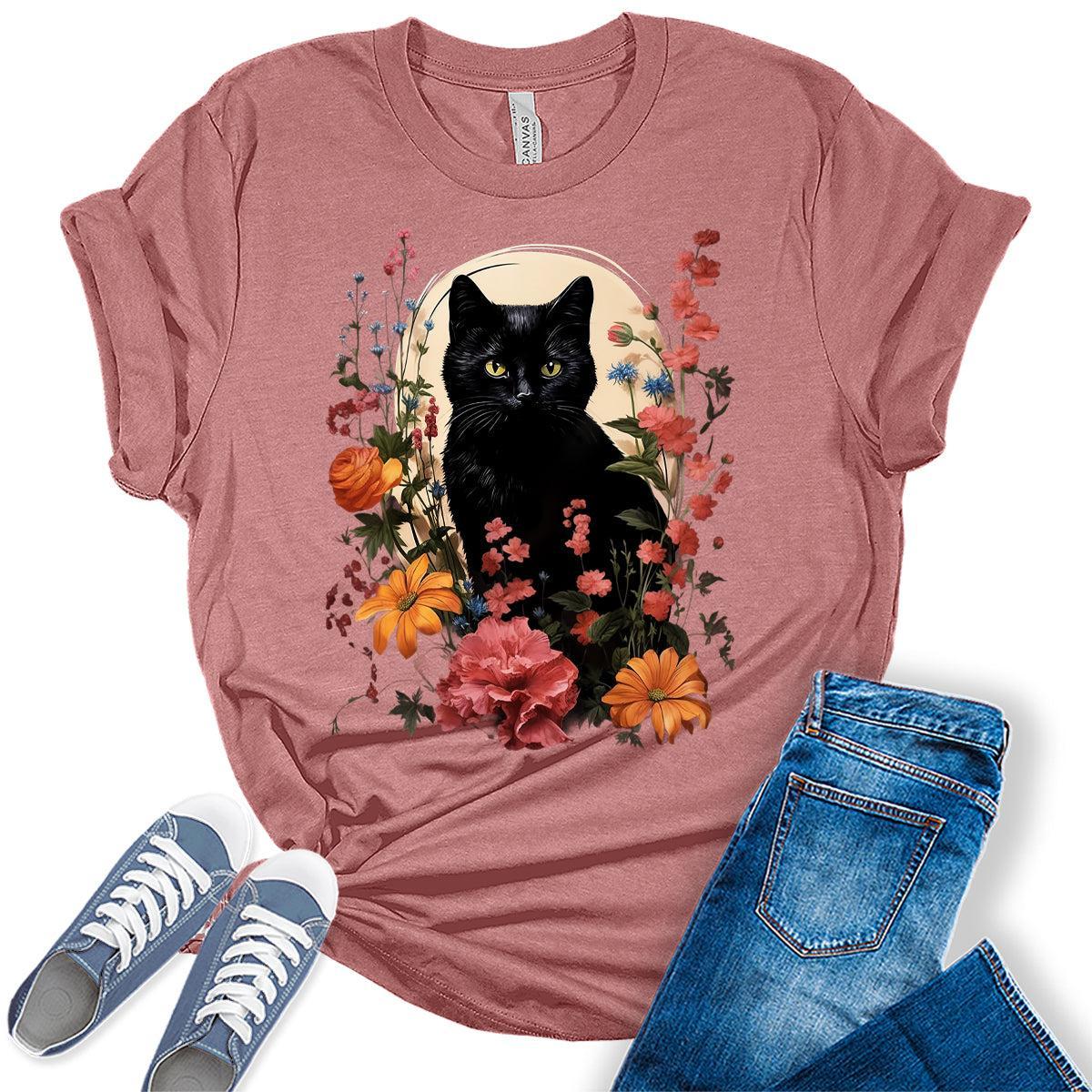Womens Cat Shirts Wildflower Vintage Spring Graphic Tees Spring Cottagecore T Shirts Bella Summer Tops