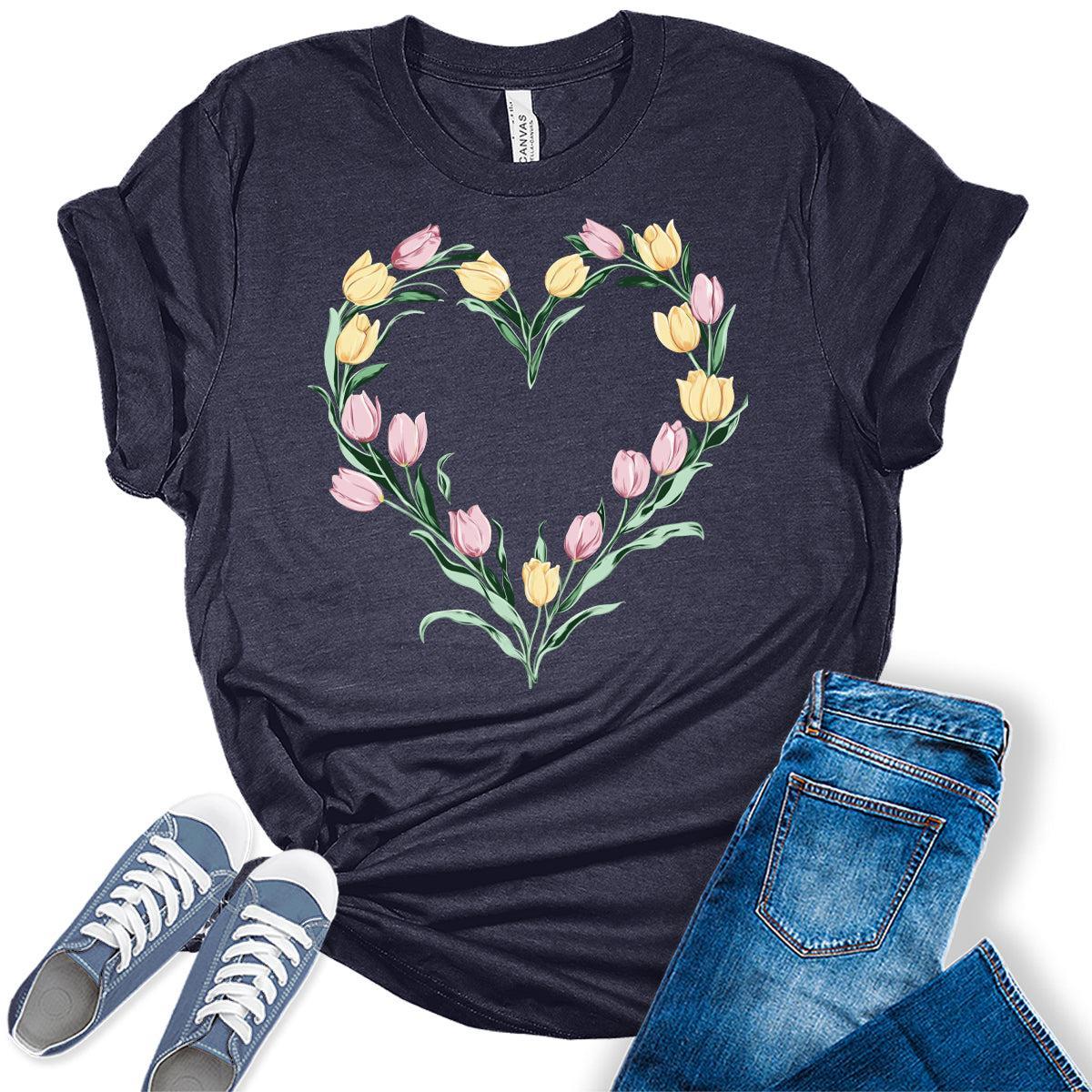 Womens Floral Heart Shirts Vintage Tulip Graphic Tees Spring Cottagecore T Shirts Bella Summer Tops