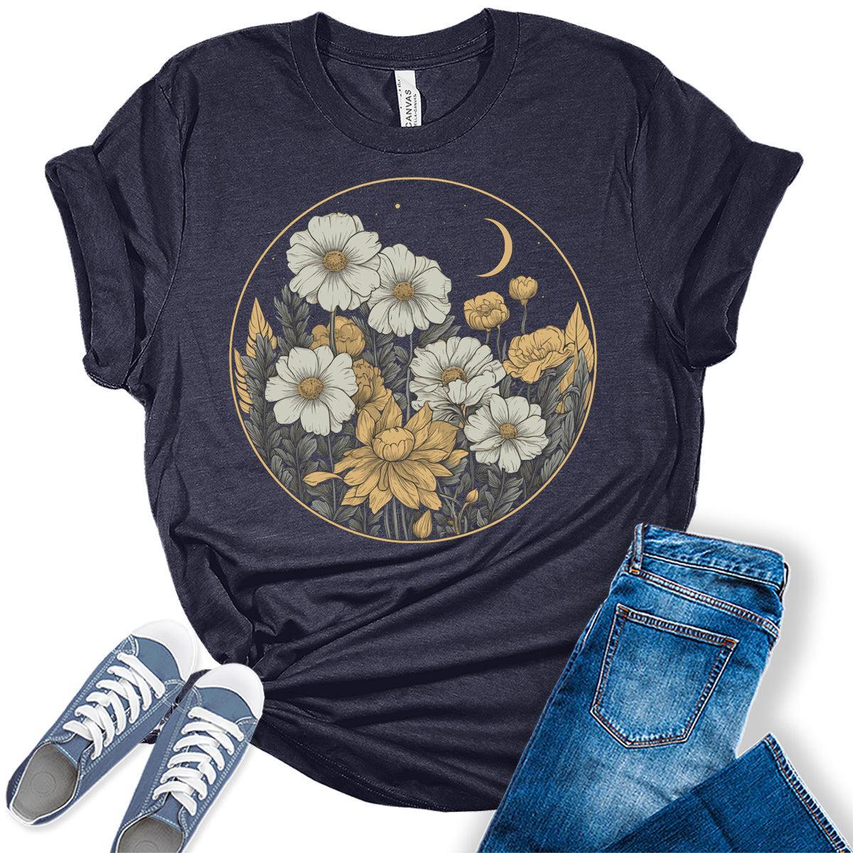 Floral Shirts Womens Graphic Tees Wildflower Vintage Moon Spring Cottagecore T Shirts Bella Summer Tops