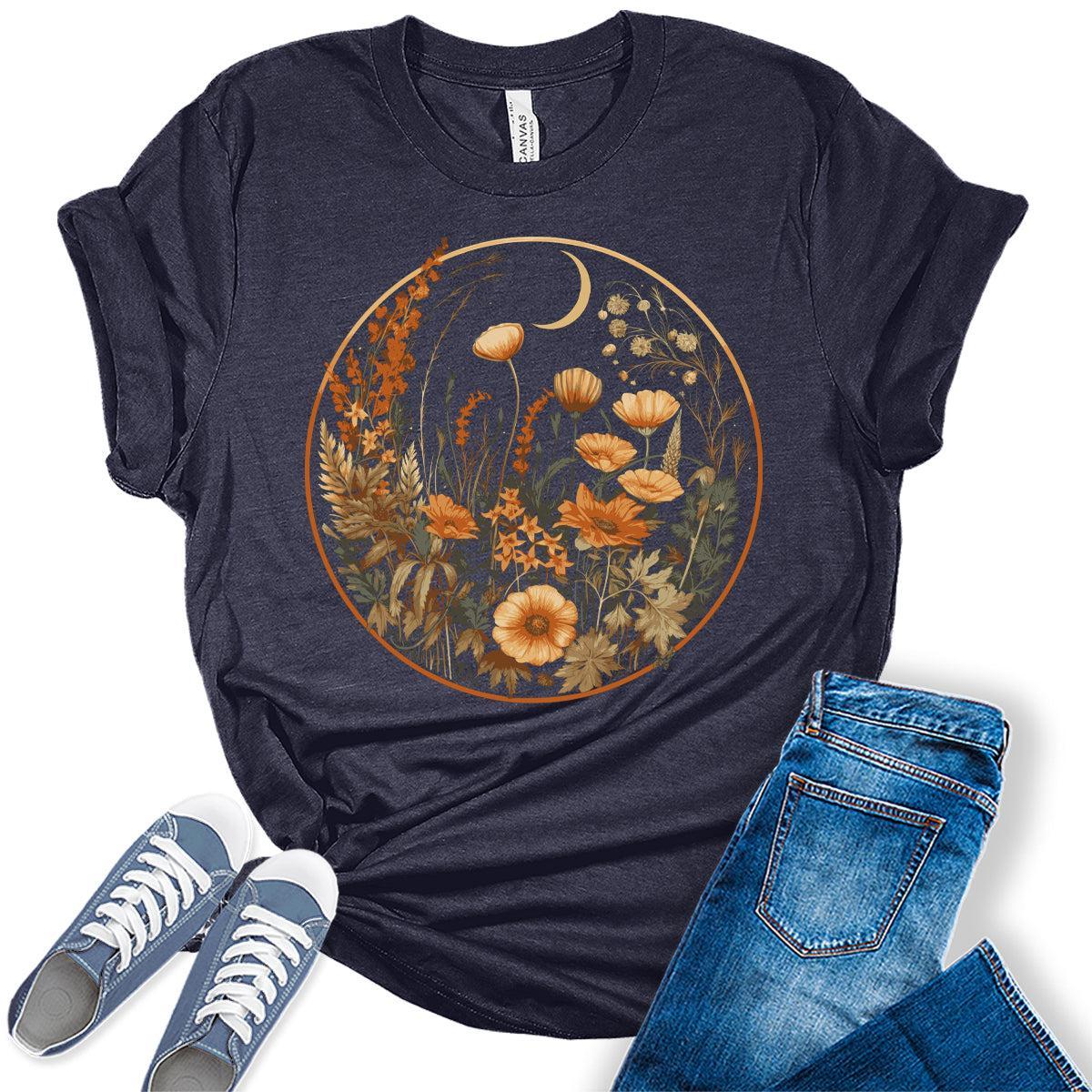 Floral Shirts Womens Graphic Tees Vintage Wildflower Moon Spring Cottagecore T Shirts Bella Summer Tops