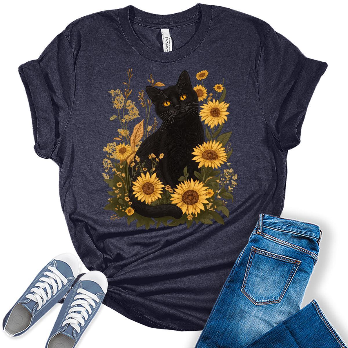 Womens Cat Shirts Sunflower Vintage Graphic Tees Spring Cottagecore T Shirts Bella Summer Tops