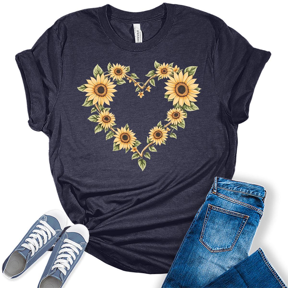 Womens Sunflower Shirts Floral Vintage Heart Graphic Tees Spring Cottagecore T Shirts Bella Summer Tops