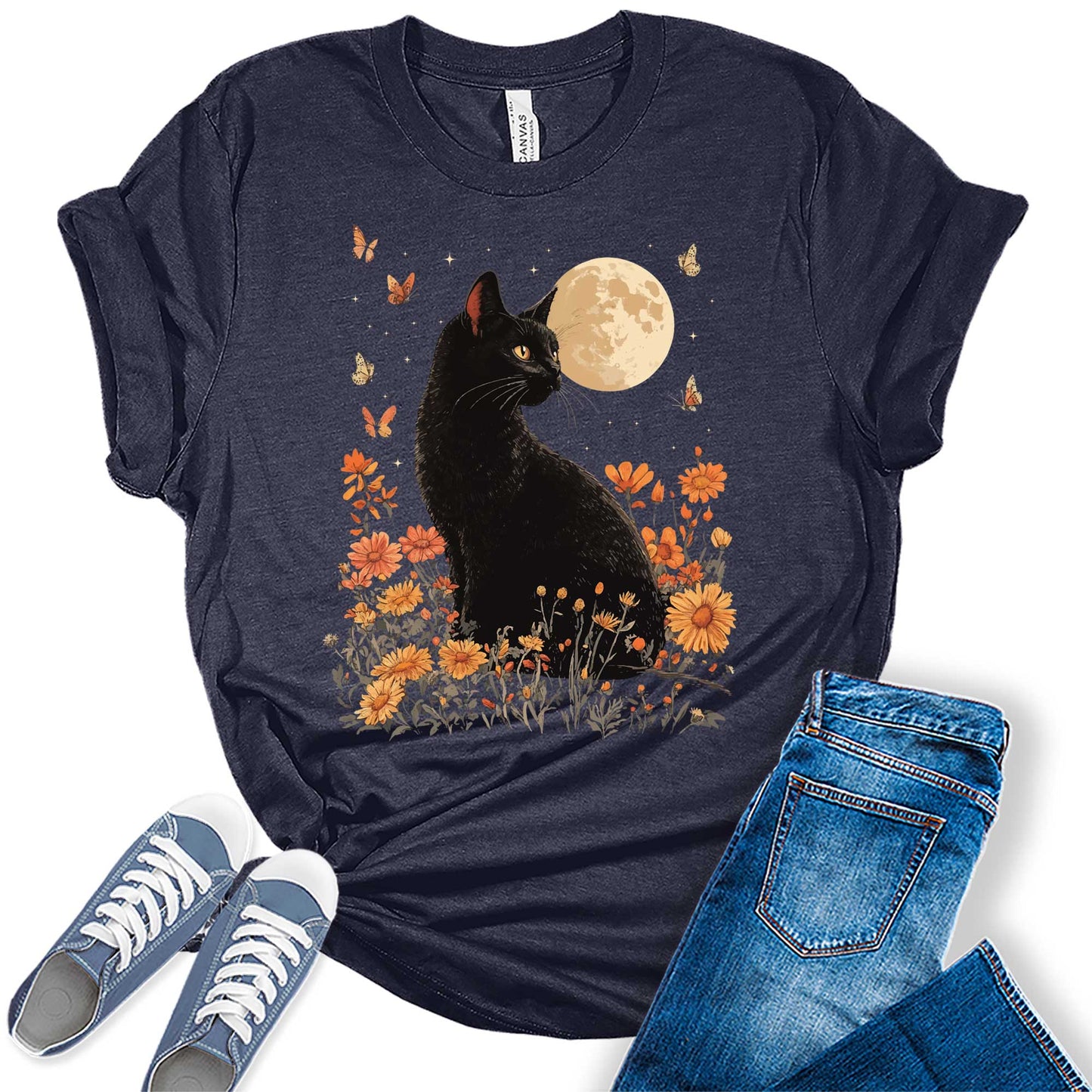 Cottagecore Shirt Vintage Black Cat Tshirts Floral Moon Fall Graphic Tees for Women