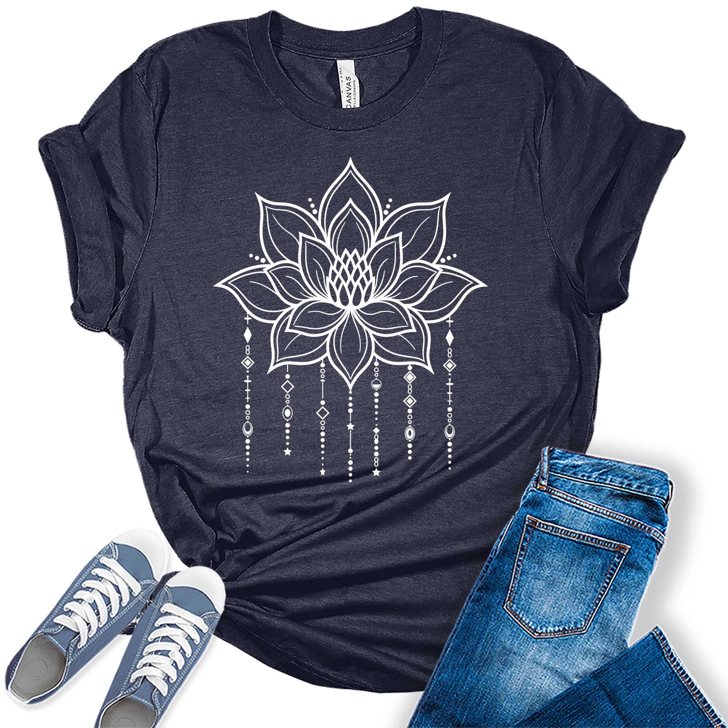 Mandala Shirt for Women Lotus Flower Graphic Tees Short Sleeve Casual Trendy T Shirts Tops