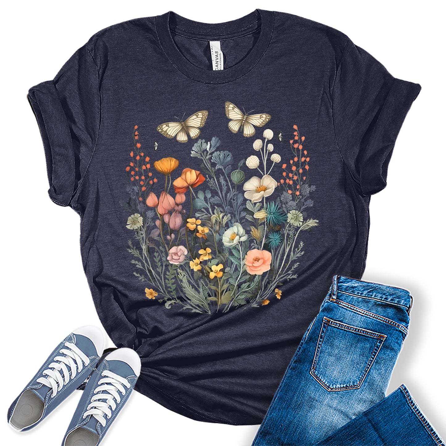 Women's Vintage Floral T Shirt Boho Wildflower Butterfly Cottagecore Graphic Tees Short Sleeve Casual Tops