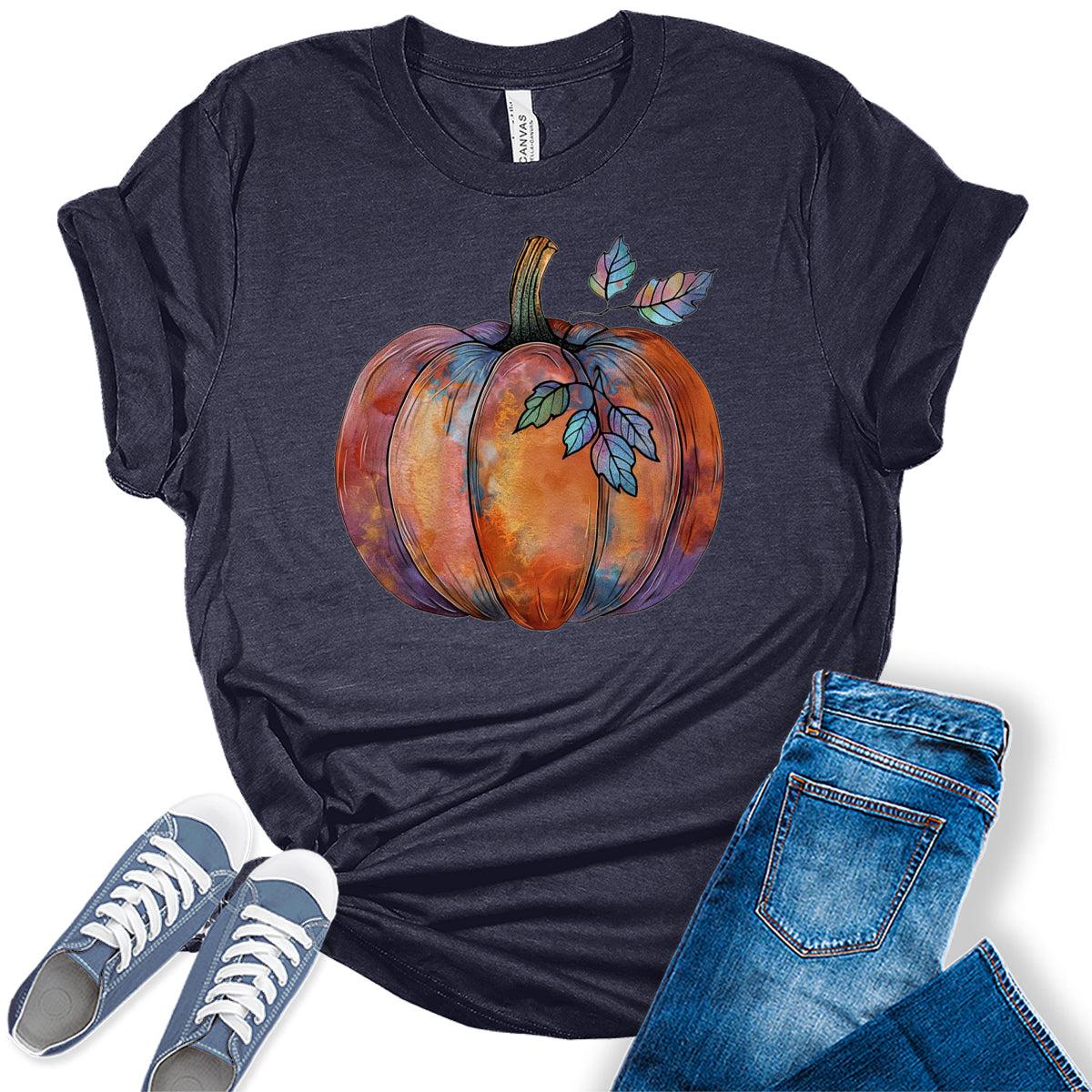 Halloween Pumpkin Shirt Women's Graphic Tees Funny Cute Short Sleeve Fall Shirt Thanksgiving Gift Tops
