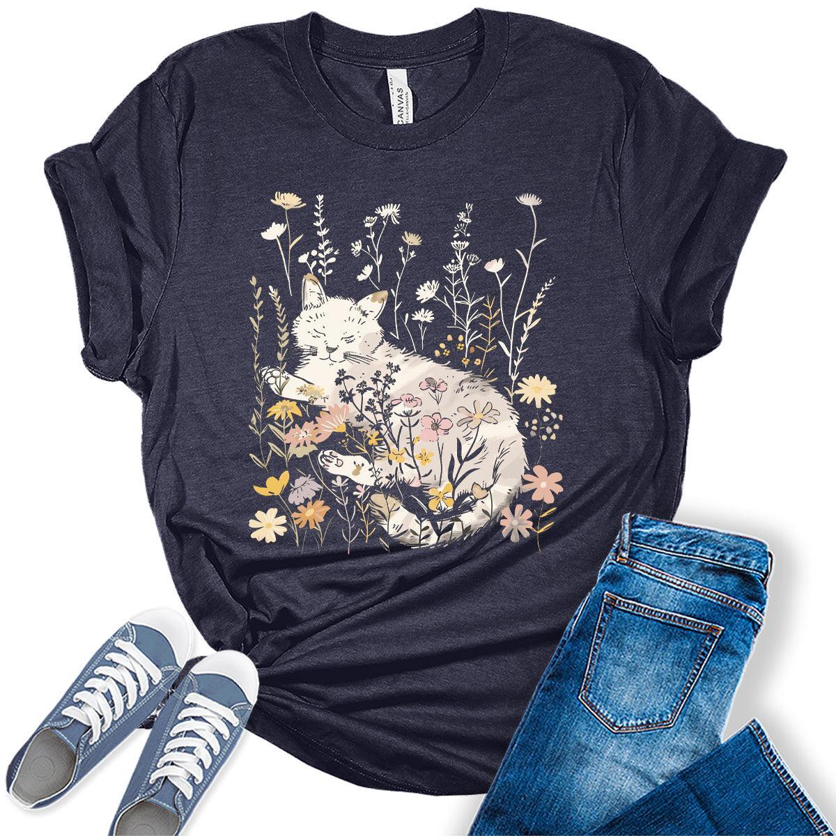 Women's Cat Shirt Wildflower Vintage Casual Graphic Tees Bella Plus Sized Tops